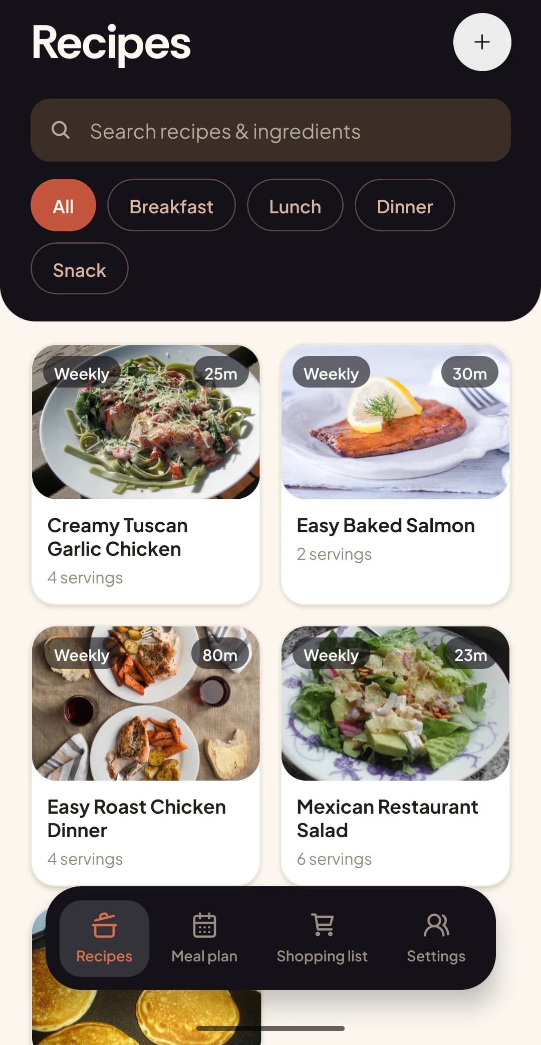 Screenshot of the Recipes screen in the CookBlueprint app